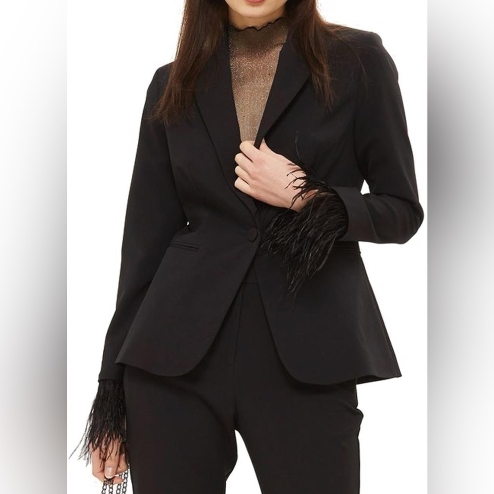 NWT Missguided Feather Trim Sleeve Black Blazer Size US 6